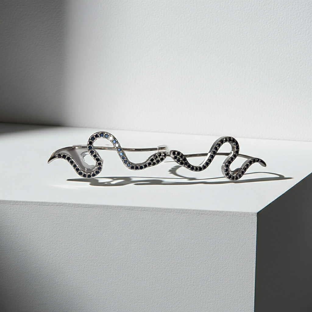 Silver-Tone Snake Ear Climbers, Black Rhinestone Pave
