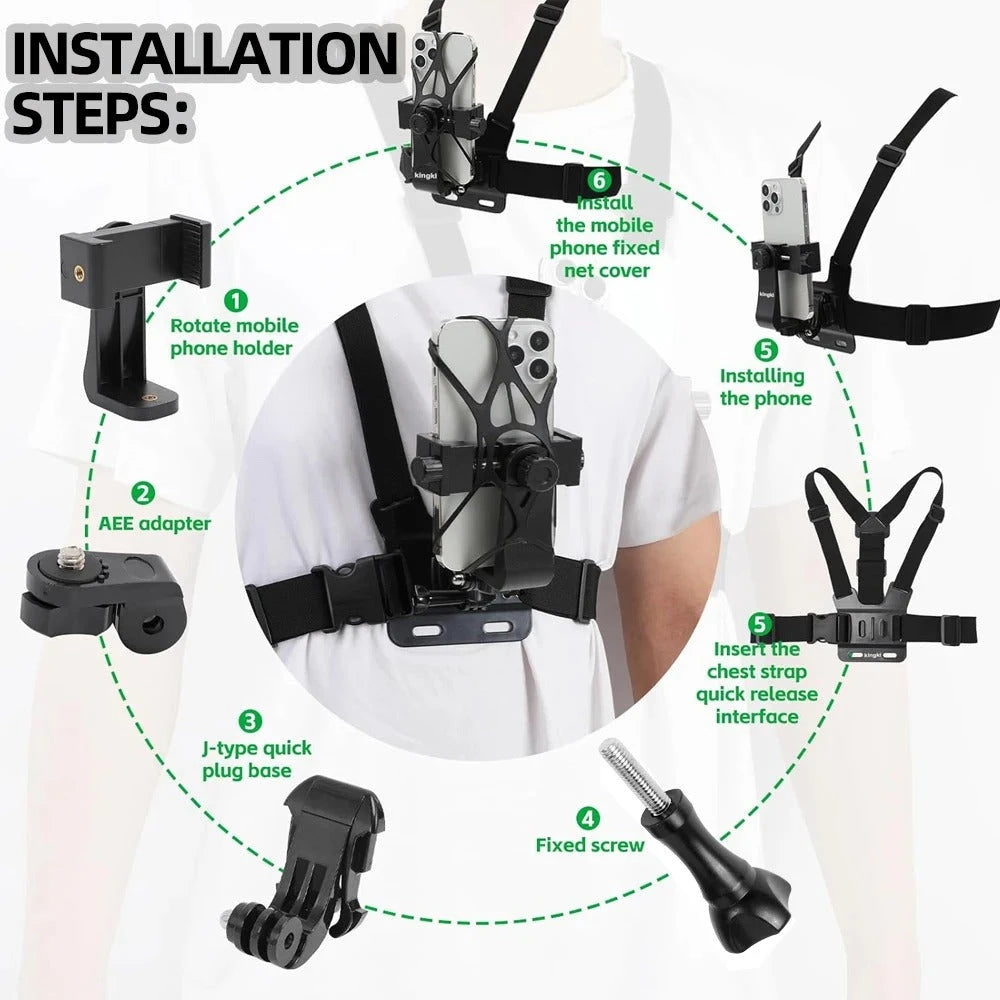 6 in 1 Phone Mount Holder Chest Strap Action Camera Kit For GoPro Hero 13 12 Insta360 For iPhone Samsung Huawei Accessories Set Trust Media 365 chest mount strap