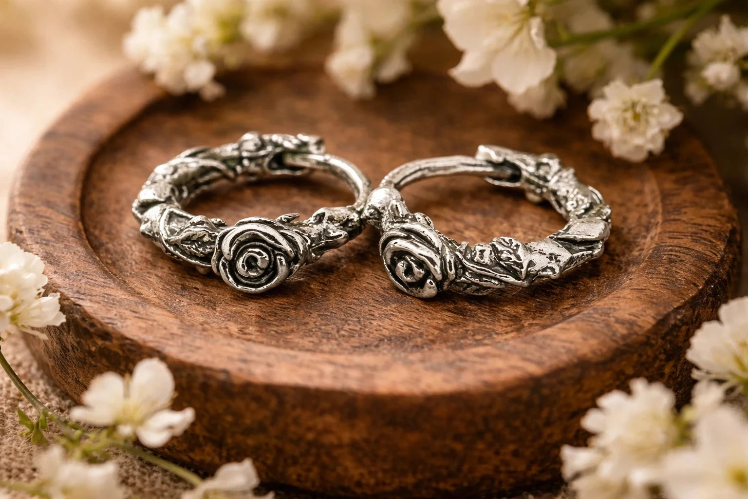 Silver-Tone Rose Vine Hoop Earrings