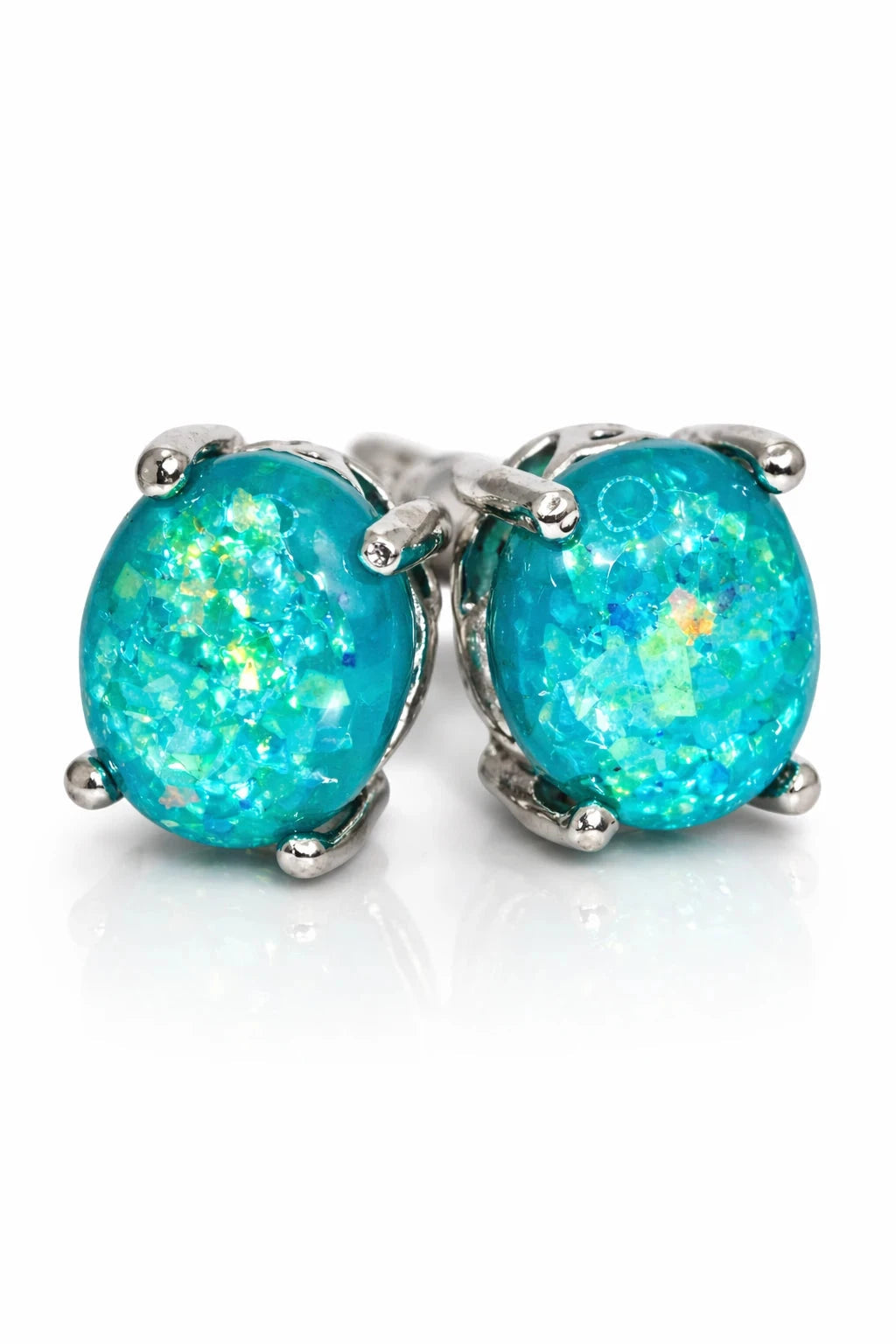Silver-Tone Blue Iridescent Stone Stud Earrings
