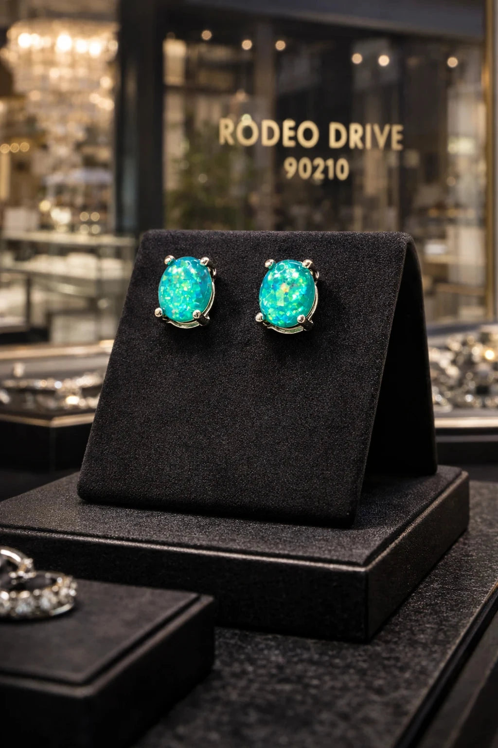 Silver-Tone Blue Iridescent Stone Stud Earrings