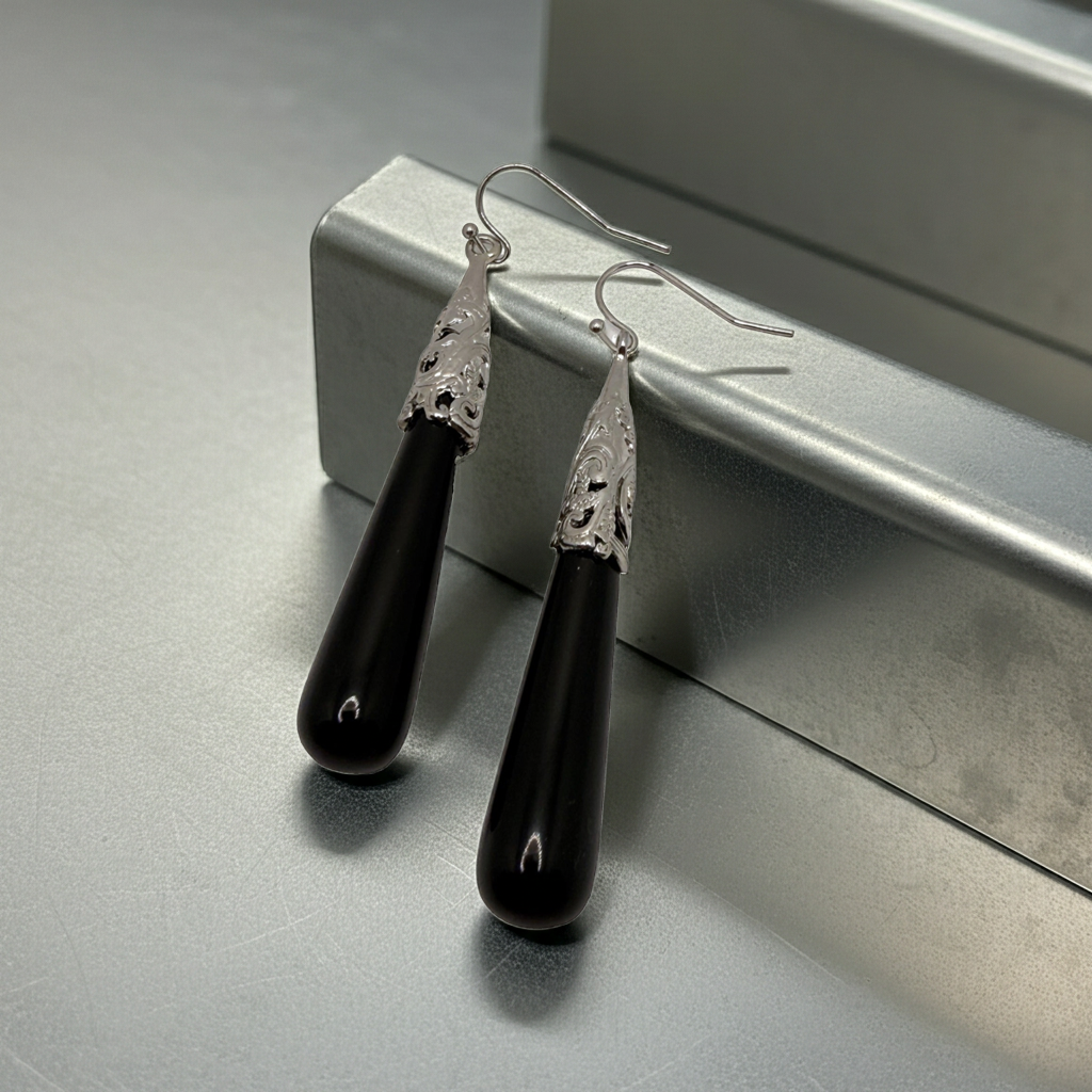 Silver-Tone Long Black Teardrop Earrings, Hook Backs