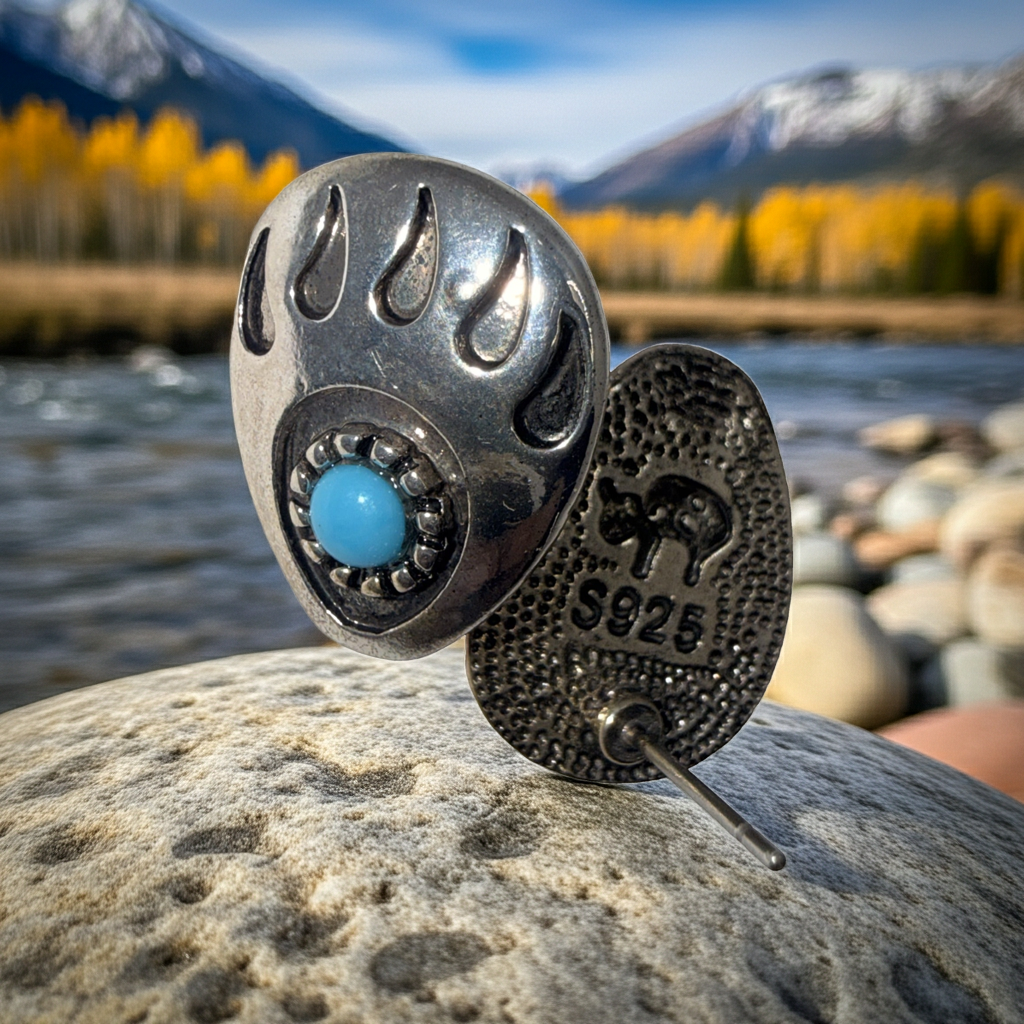 Silver-Tone Bear Paw Stud Earrings, Blue Stone Centre
