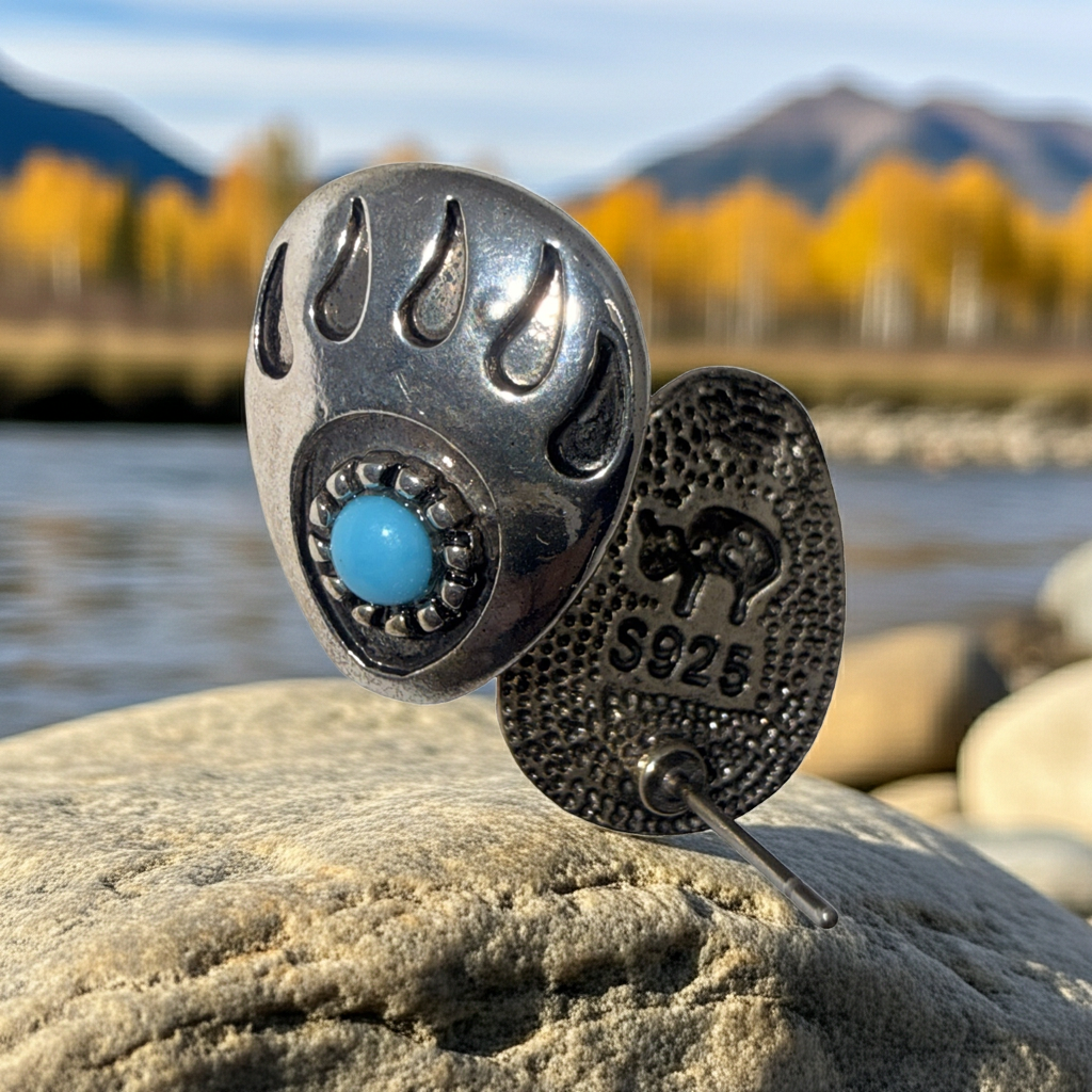 Silver-Tone Bear Paw Stud Earrings, Blue Stone Centre