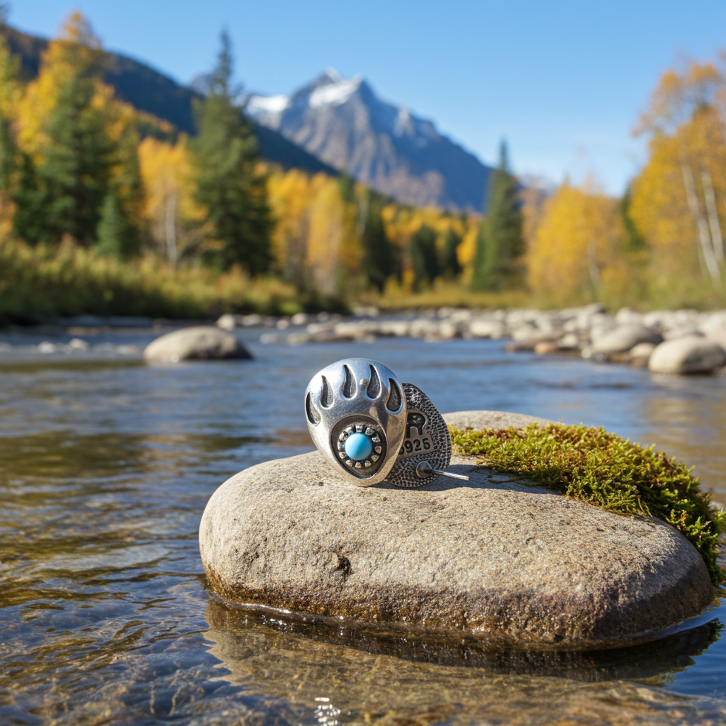 Silver-Tone Bear Paw Stud Earrings, Blue Stone Centre