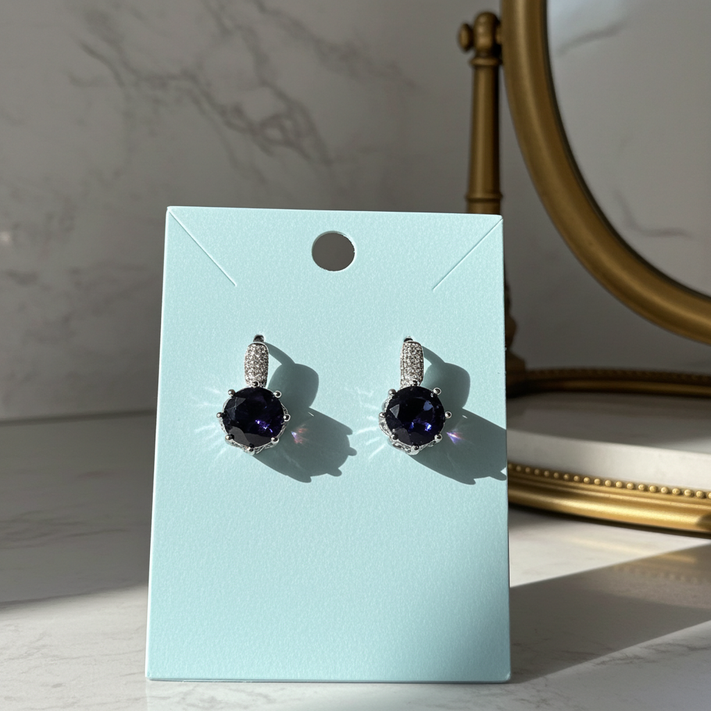 Purple rhinestone round drop earrings with a silver-tone pave cap, post backs, alternate view