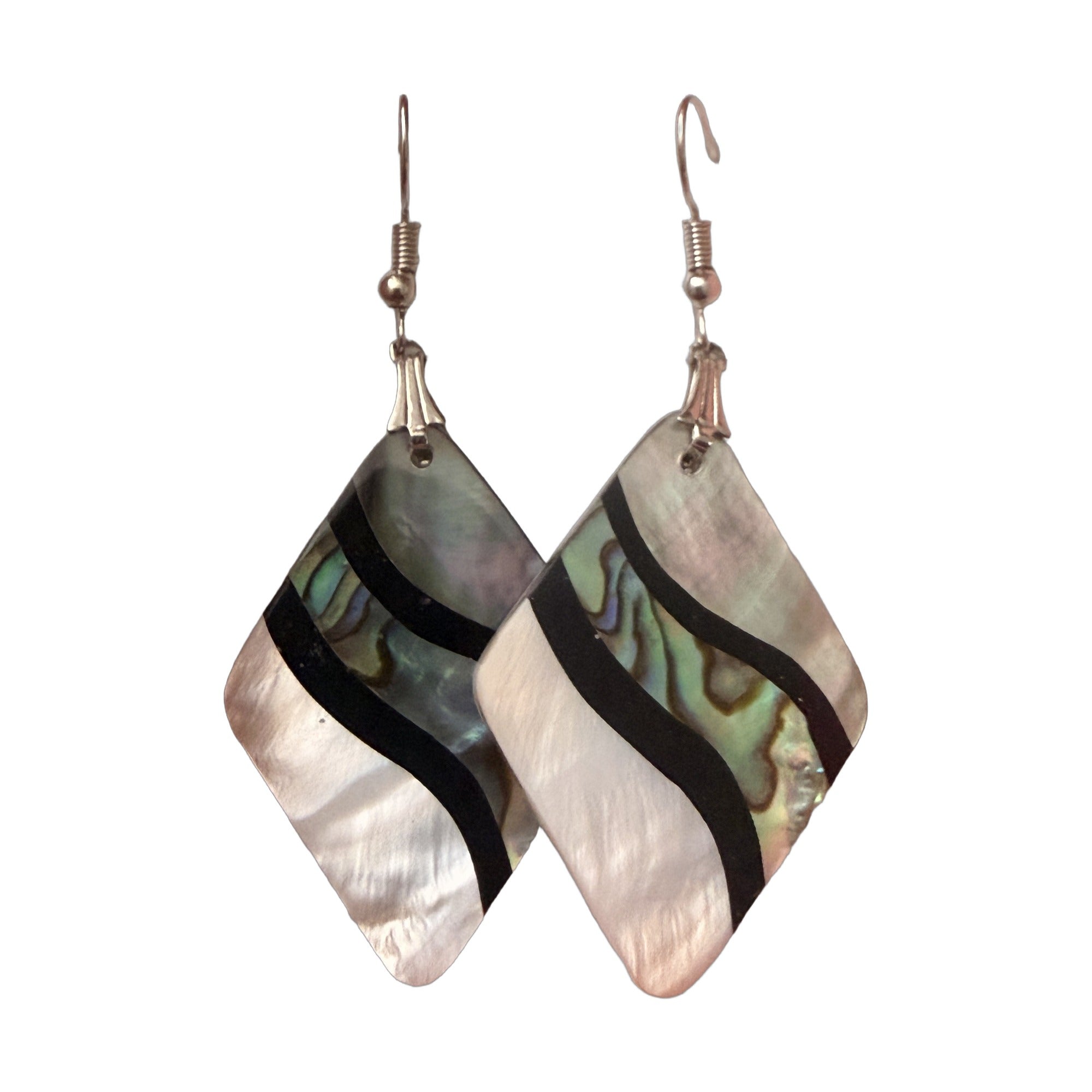 Shell-look kite drop earrings in green-blue and white with black banding, silver-tone French hook ear wires, further view