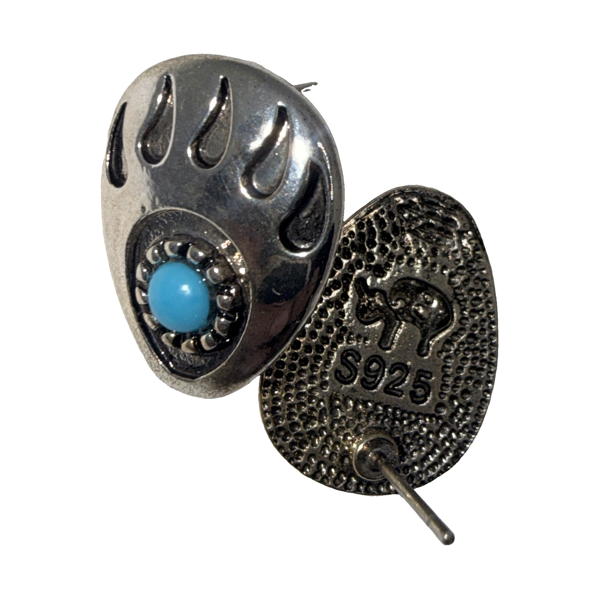 Oxidised silver-tone bear paw stud earrings with a blue stone centre, angled view