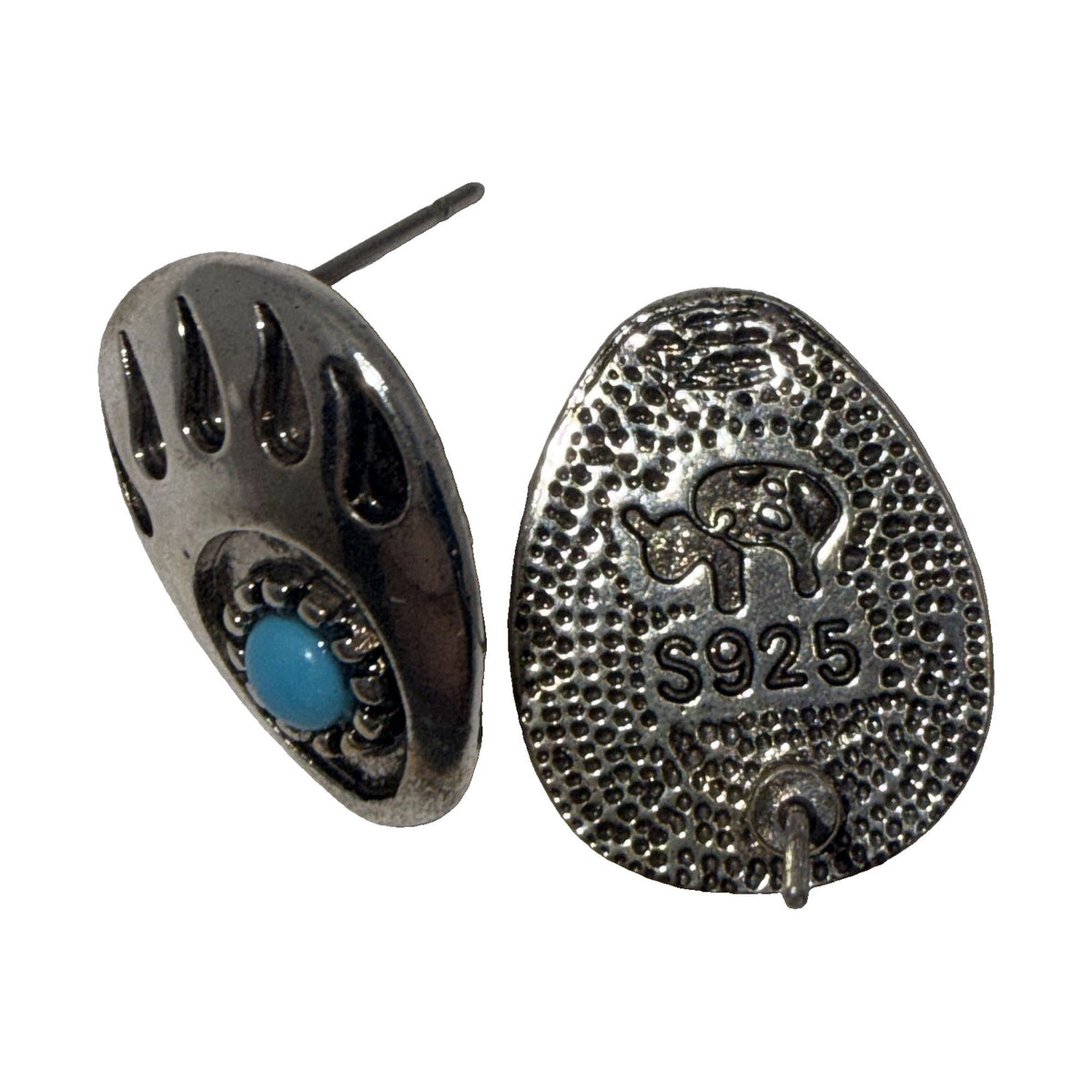 Oxidised silver-tone bear paw stud earrings, close view of the post and textured reverse