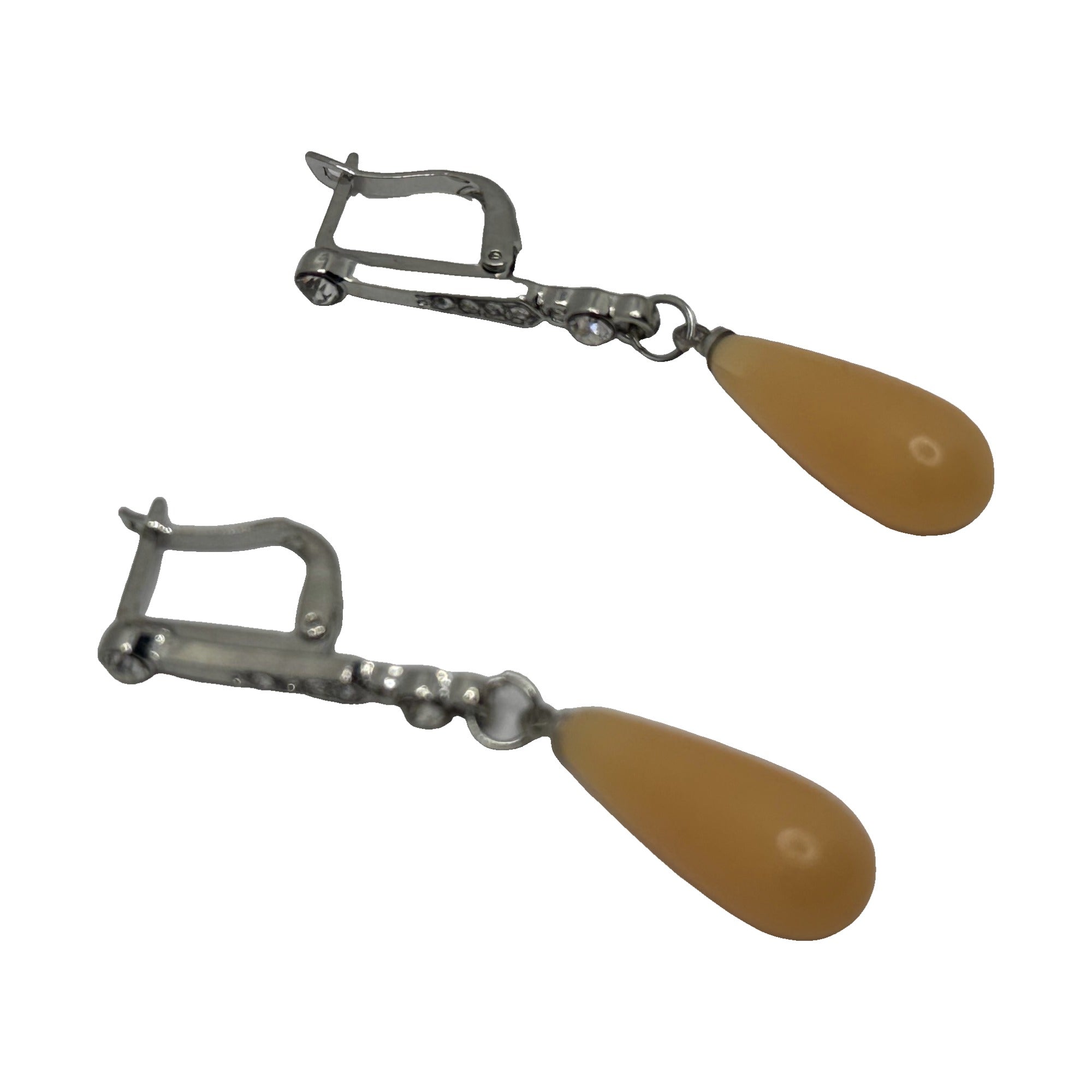 Silver-tone lever-back drop earrings, close view of the lever-back closure