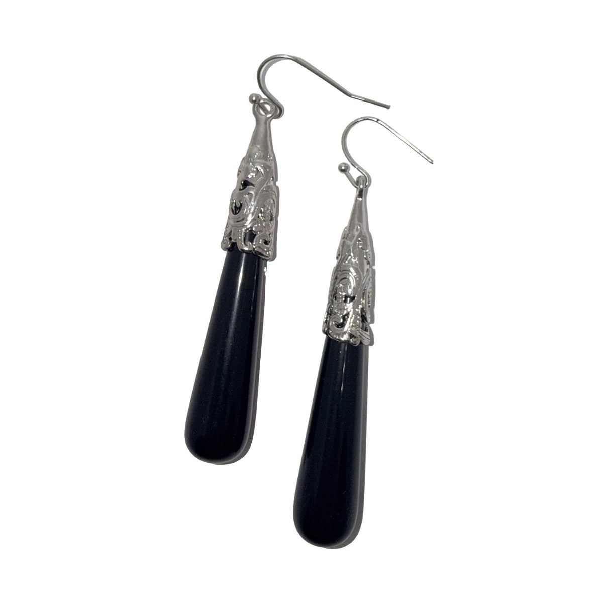 Silver-tone long black teardrop earrings, close view of the hook ear wire and filigree cap