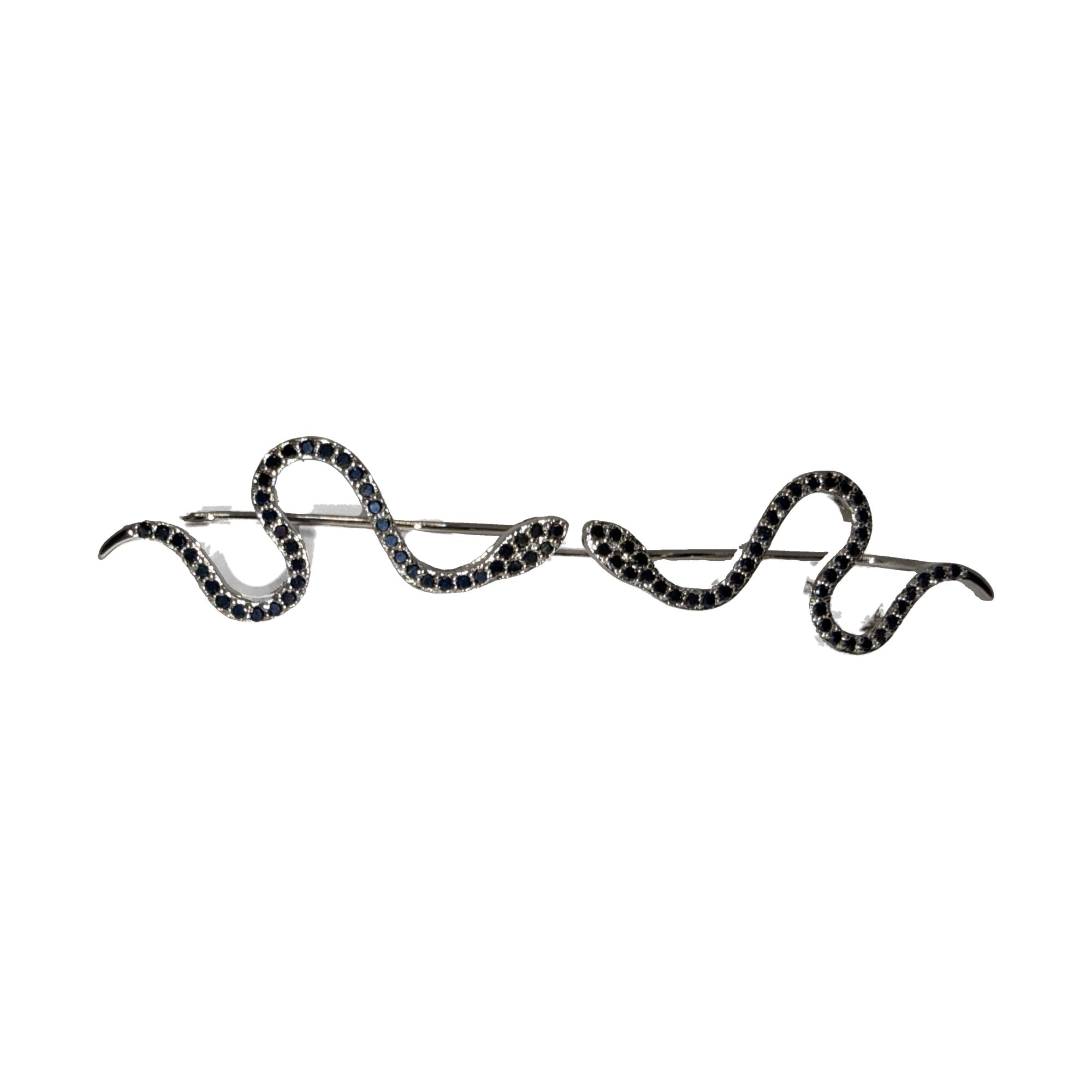 Silver-tone snake ear climber earrings with black rhinestone pave, angled view