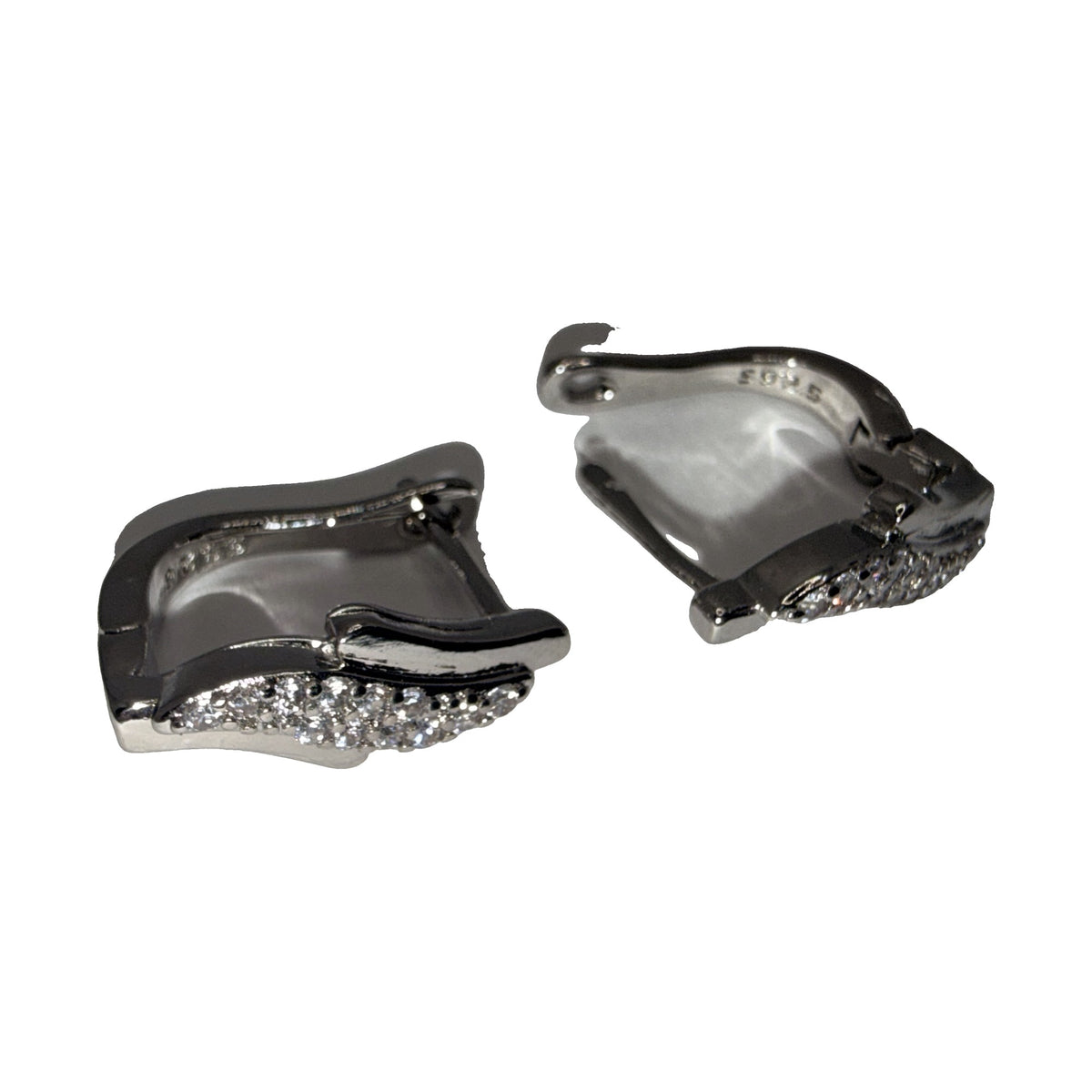 Silver-Tone Wave Huggie Earrings, Clear Rhinestone Pave – angle