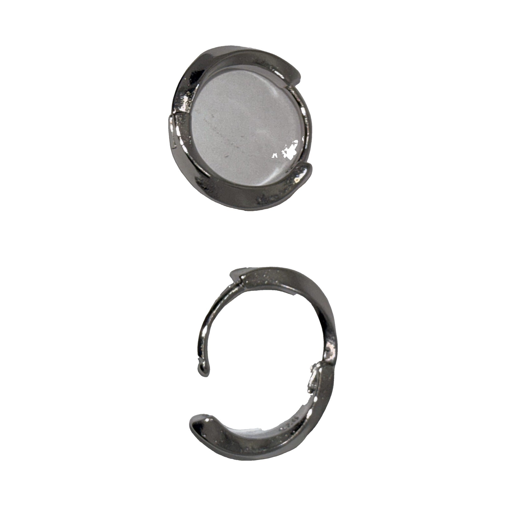 Polished silver-tone wide band huggie hoop earrings, one hoop open showing the hinge