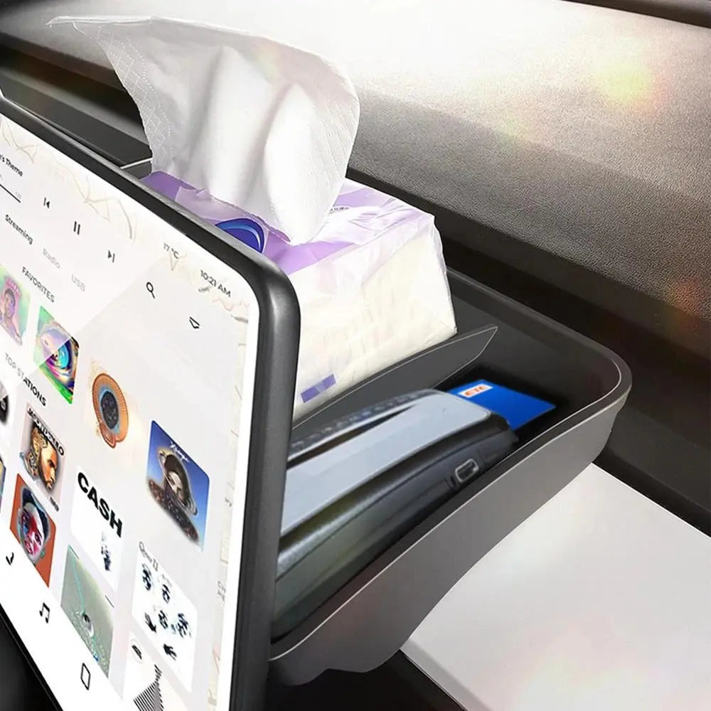 For Tesla Model 3 Y Screen Rear Storage Box Organizer Magnetic Storage Invisible ETC Sunglasses Tray Tissue Box Accessories TRUST 365 Media