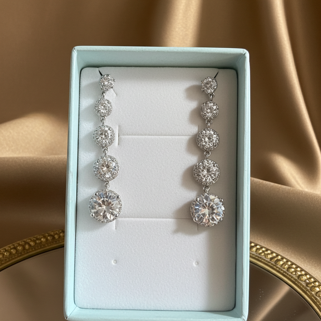 Graduated five-stone rhinestone drop earrings in silver-tone on French hook ear wires, alternate view