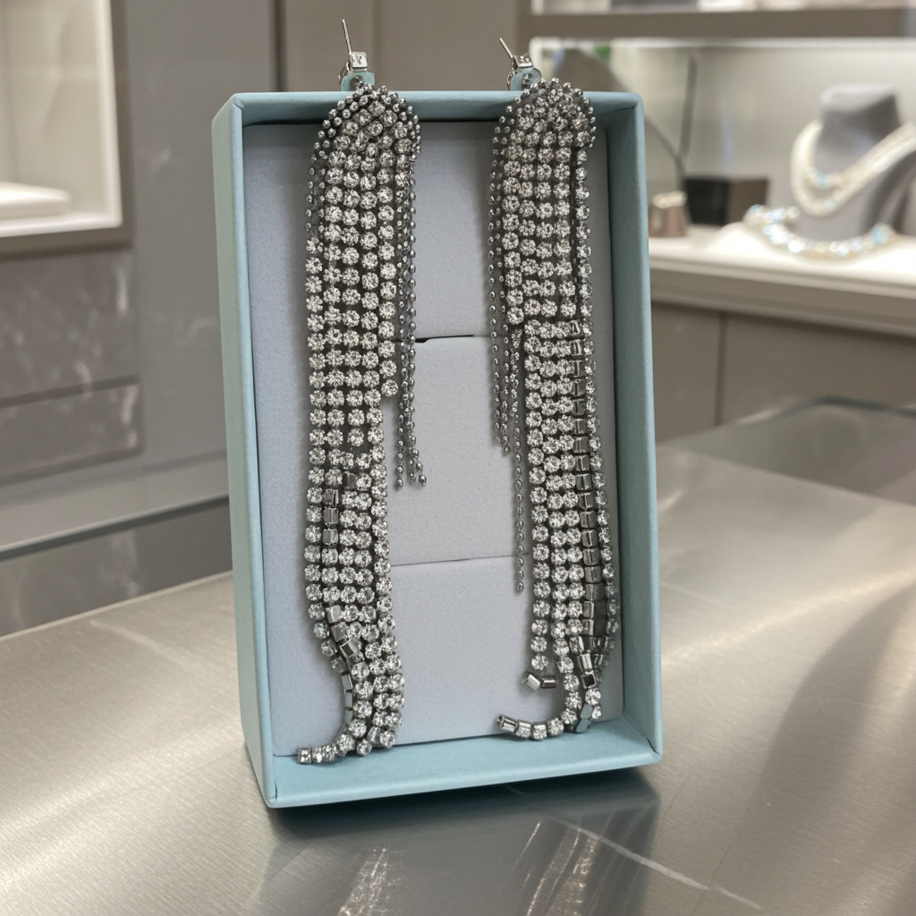 Long multi-strand rhinestone fringe statement earrings in silver-tone, detail view