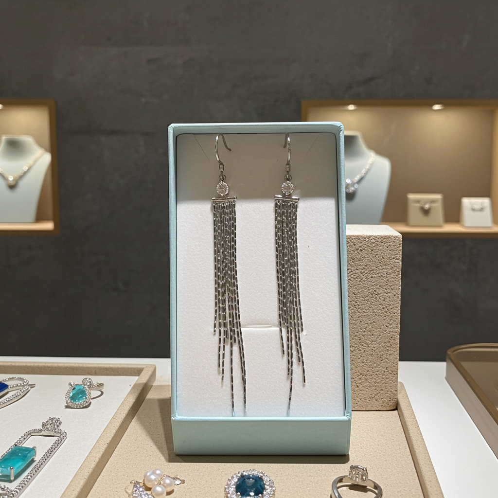 Long liquid chain tassel drop earrings in silver-tone on French hook ear wires