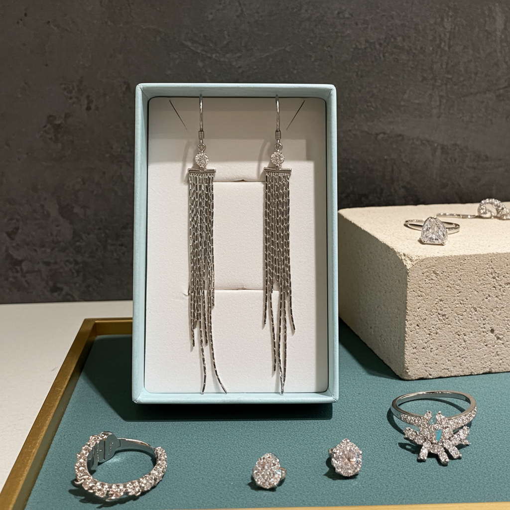 Long liquid chain tassel drop earrings in silver-tone on French hook ear wires, alternate view