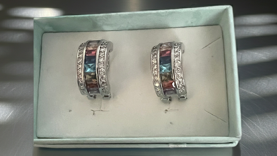 Multicolour baguette rhinestone half-hoop earrings in silver-tone, channel-set with clear stone borders