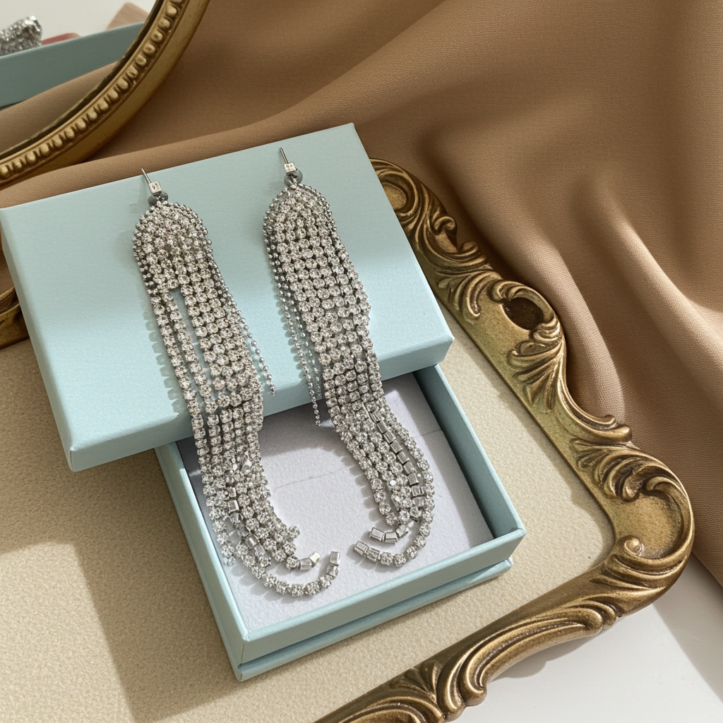 Long multi-strand rhinestone fringe statement earrings in silver-tone, close-up view