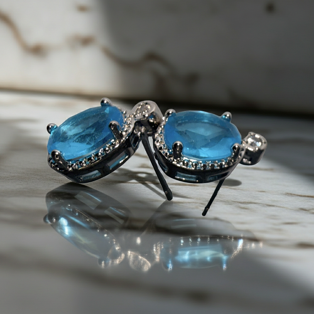 Silver-Tone Blue Stone Drop Earrings, Rhinestone Halo