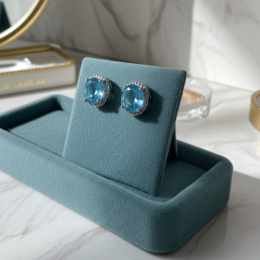 Silver-Tone Blue Stone Drop Earrings, Rhinestone Halo