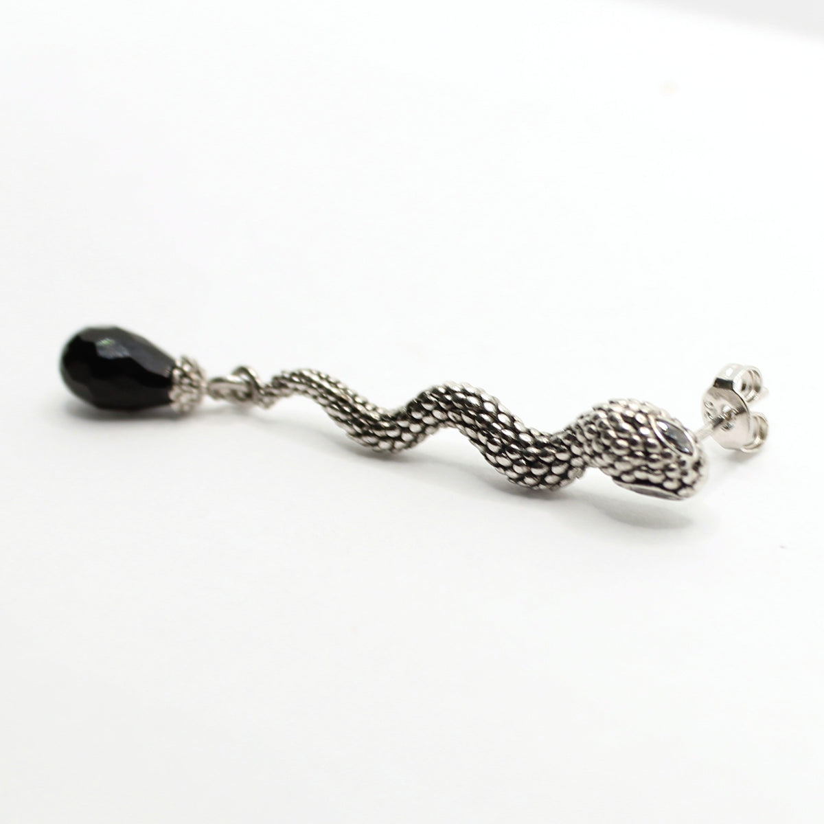 Black Faceted Teardrop Snake Drop Earrings, Silver-Tone, Post Backs - view 2