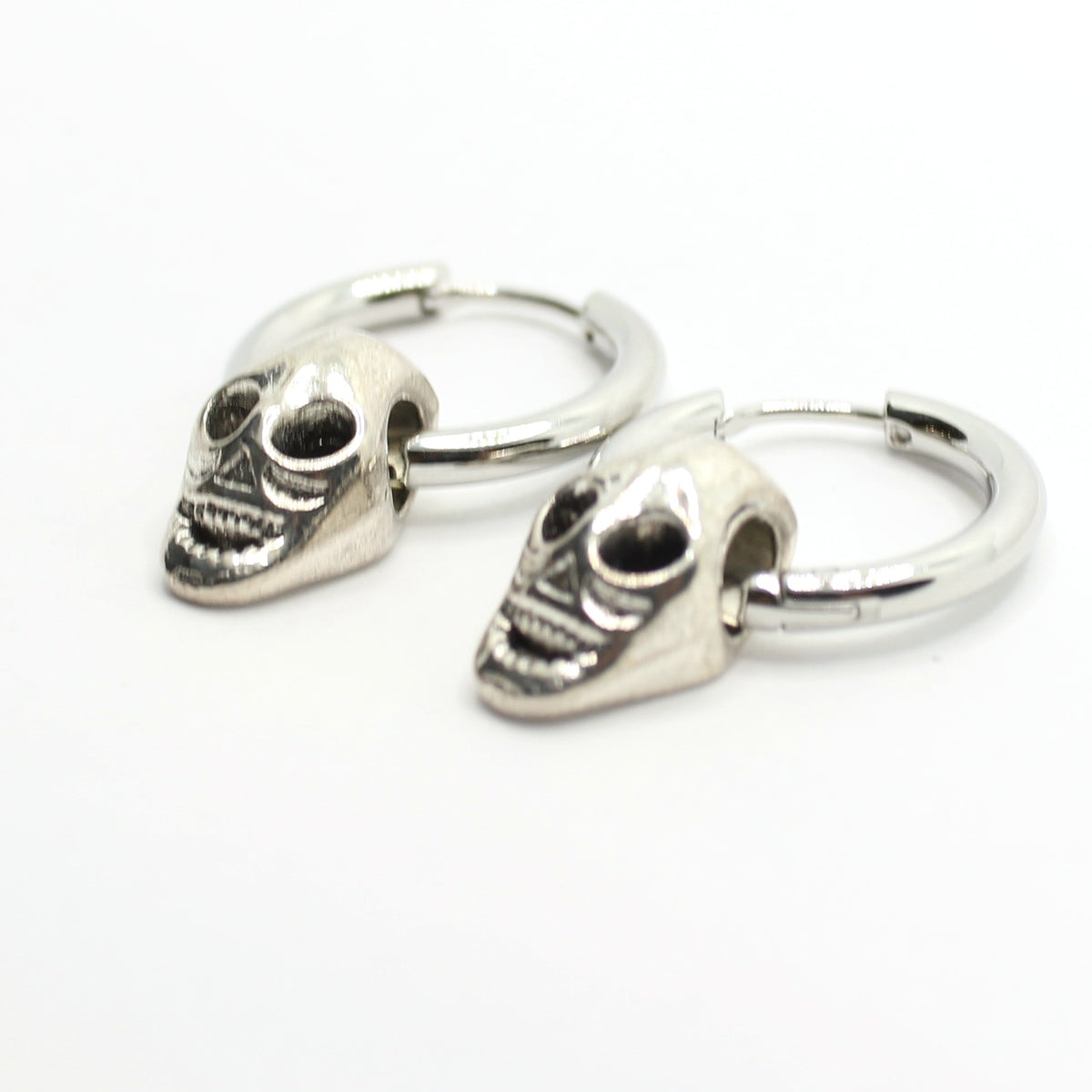 Skull Charm Huggie Hoop Earrings, Silver-Tone, Hinged - view 4