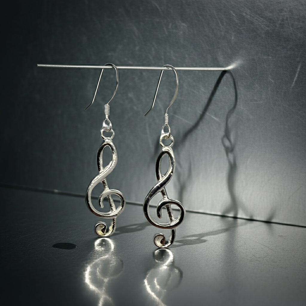 Silver-tone treble clef dangle earrings on French hook ear wires