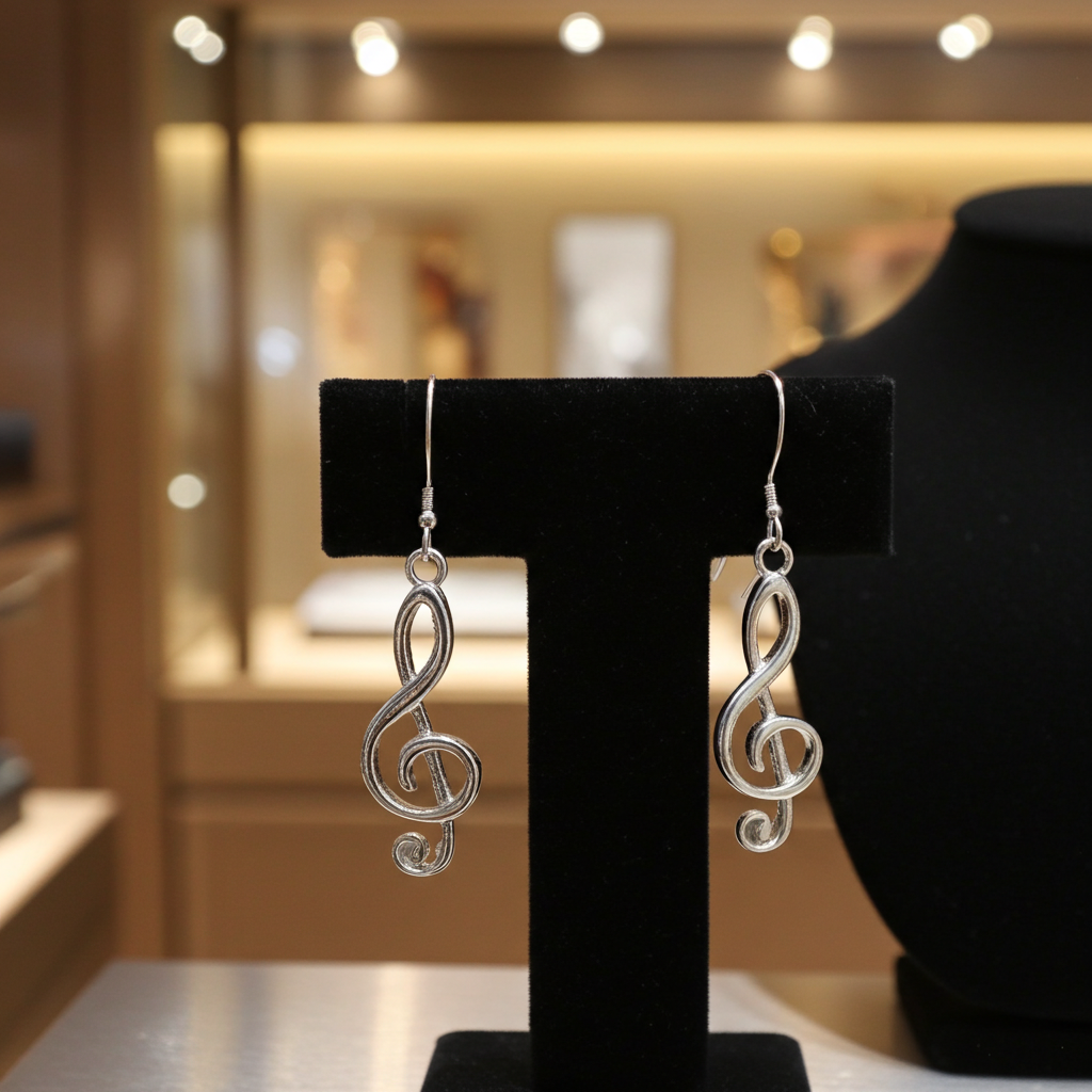 Silver-tone treble clef dangle earrings on French hook ear wires, additional view