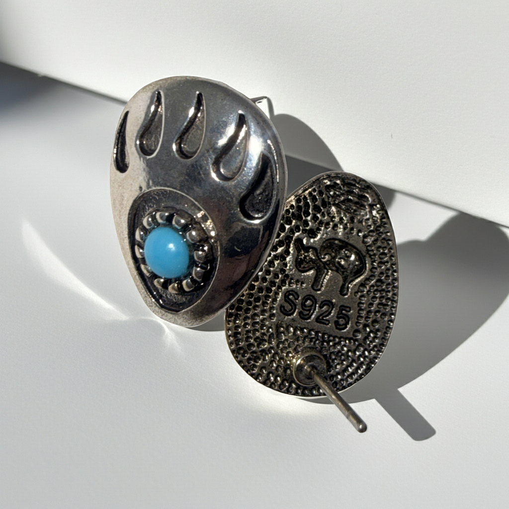 Silver-Tone Bear Paw Stud Earrings, Blue Stone Centre