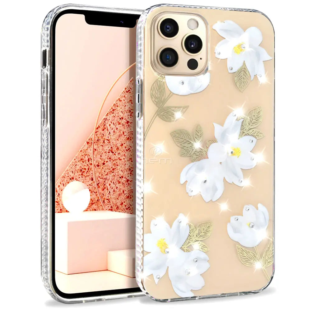 iPhone 12/12 Pro (6.1) Design Diamond, Purple Splash, White Flowers, Black Flowers Generic
