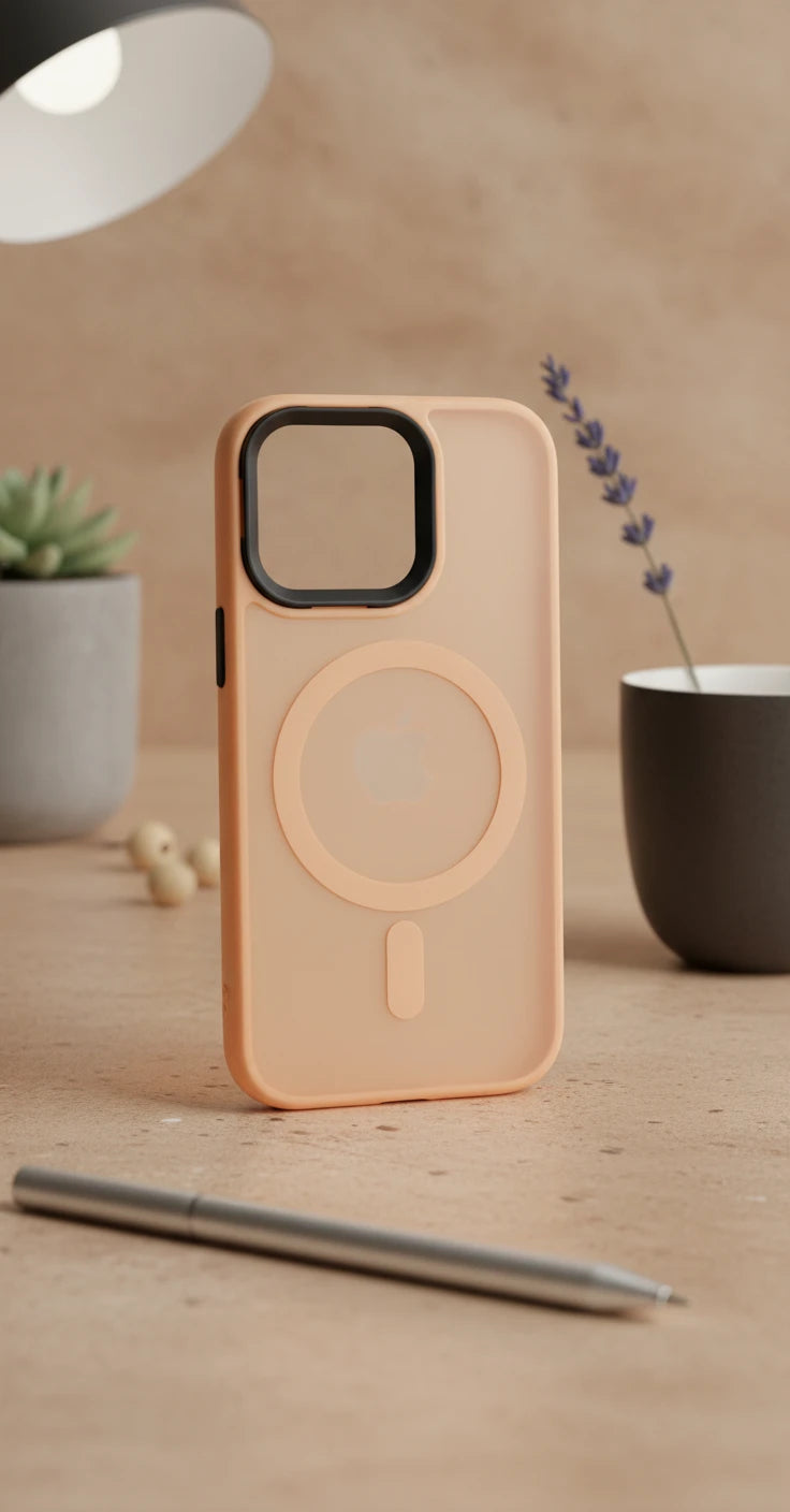Hard PC bumper case for iPhone 14 and 15 with raised edges around the screen and camera, close-up view