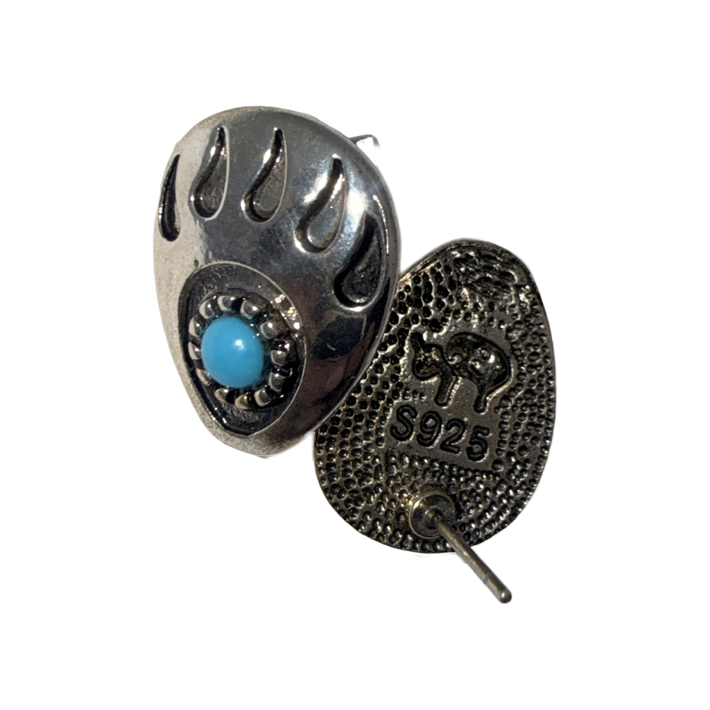 Silver-Tone Bear Paw Stud Earrings, Blue Stone Centre