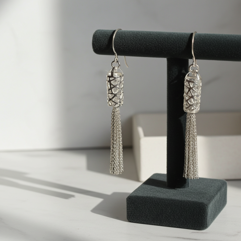 Silver-tone textured barrel chain tassel drop earrings on French hook ear wires, alternate view
