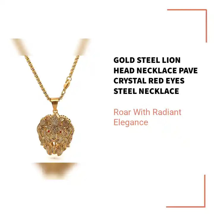 Gold Steel Lion Head Necklace Pave Crystal Red Eyes steel necklace by@Outfy