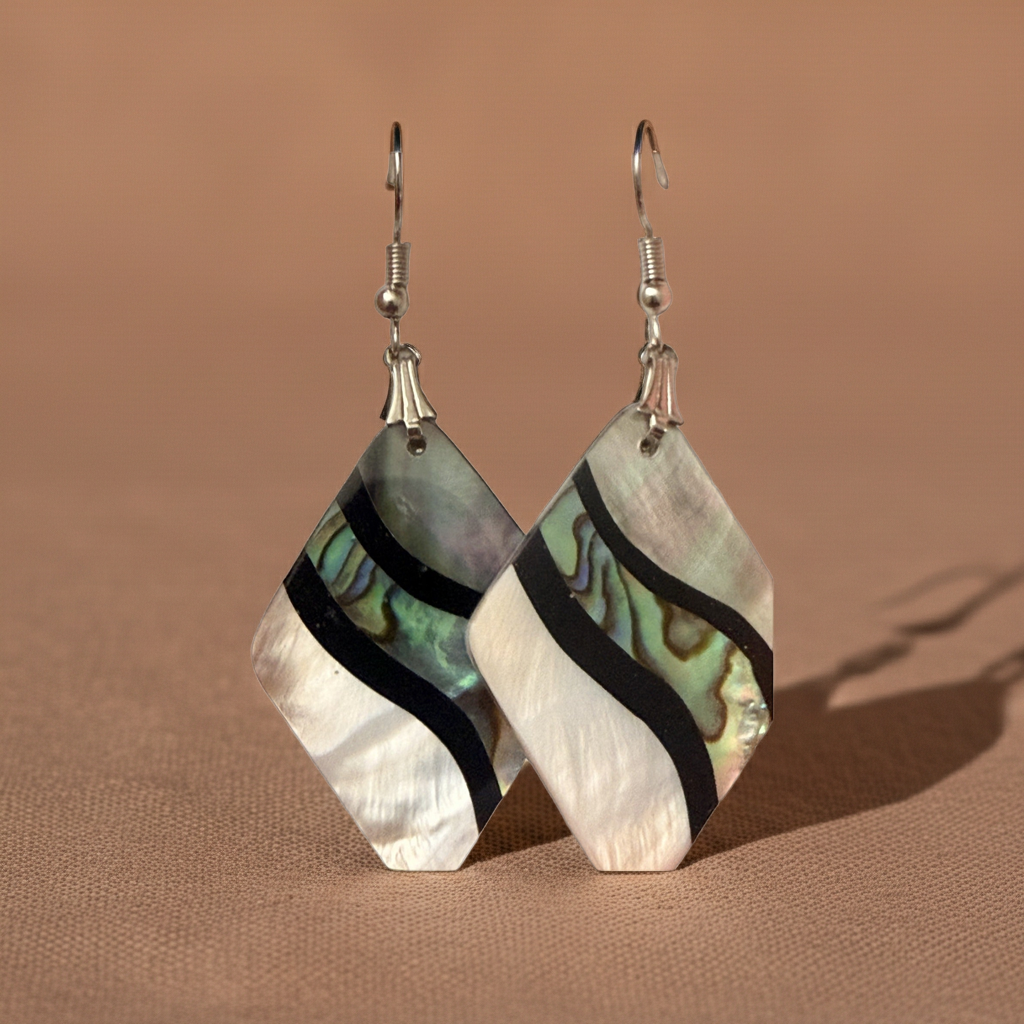 Shell-look kite drop earrings in iridescent green-blue and white with black banding, on silver-tone French hook ear wires, additional view