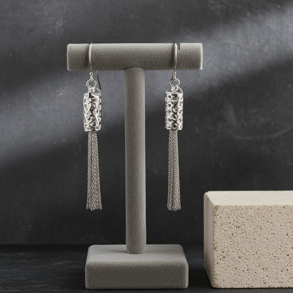 Silver-tone textured barrel chain tassel drop earrings on French hook ear wires, detail view
