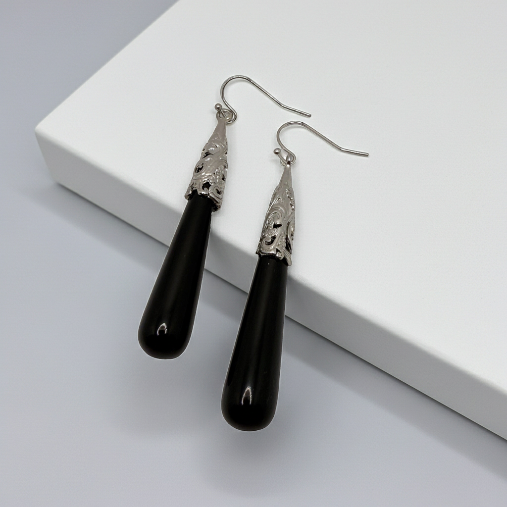 Silver-Tone Long Black Teardrop Earrings, Hook Backs