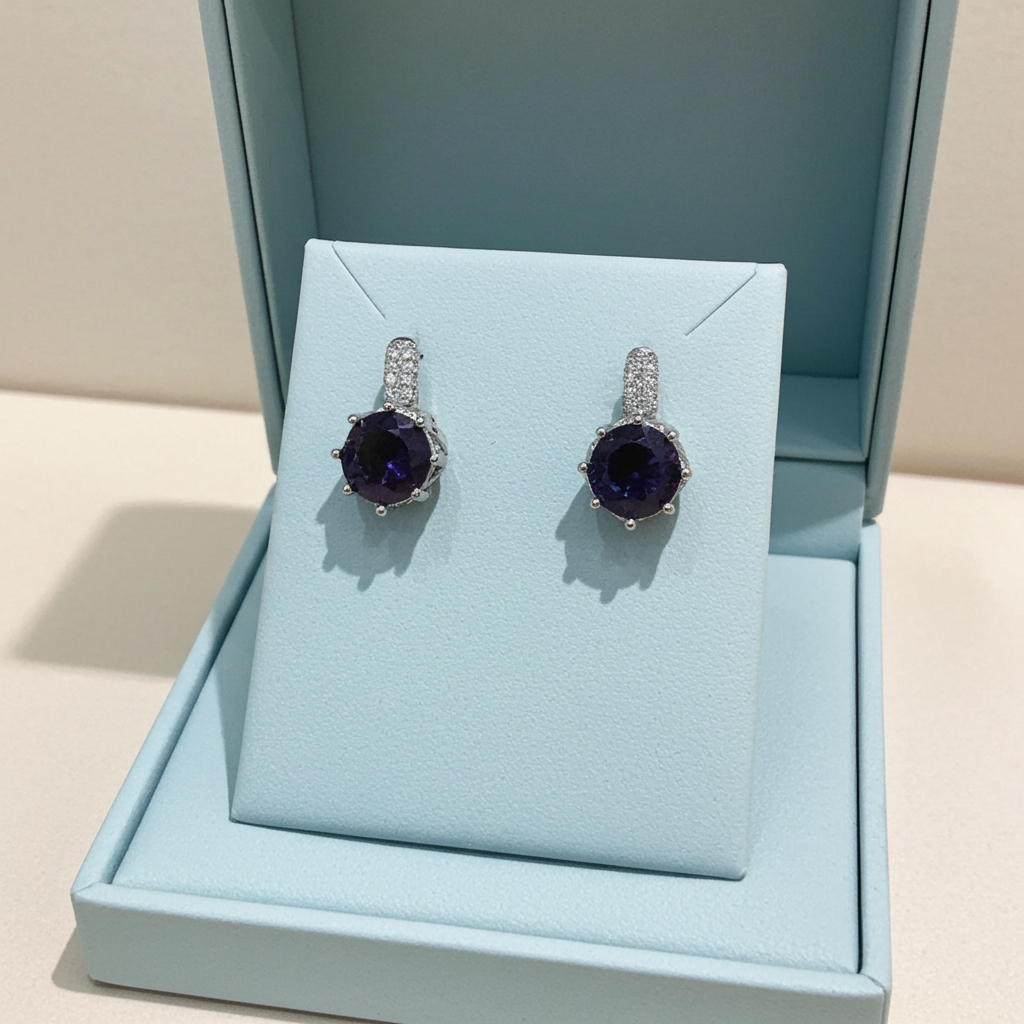 Purple rhinestone round drop earrings with a silver-tone pave cap, post backs