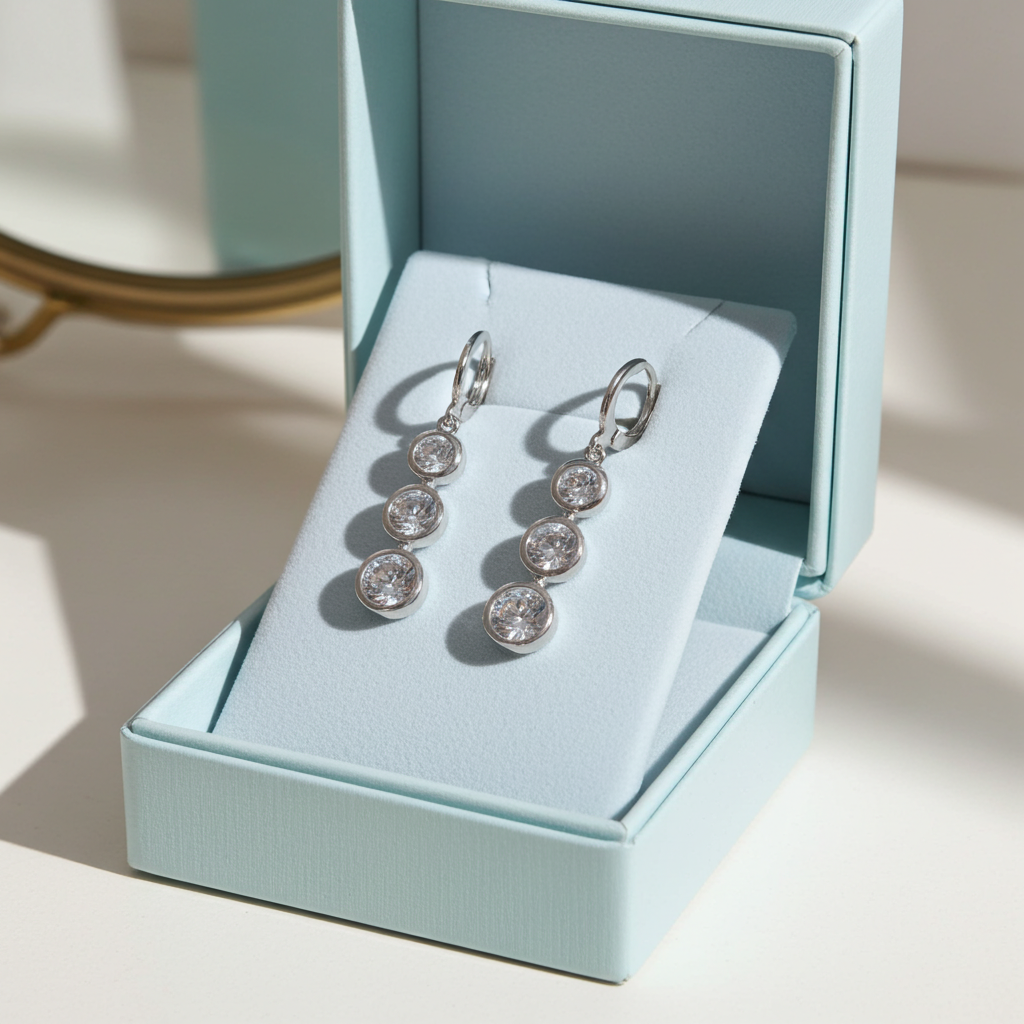 Three-stone bezel-set rhinestone drop earrings in silver-tone with leverback closure