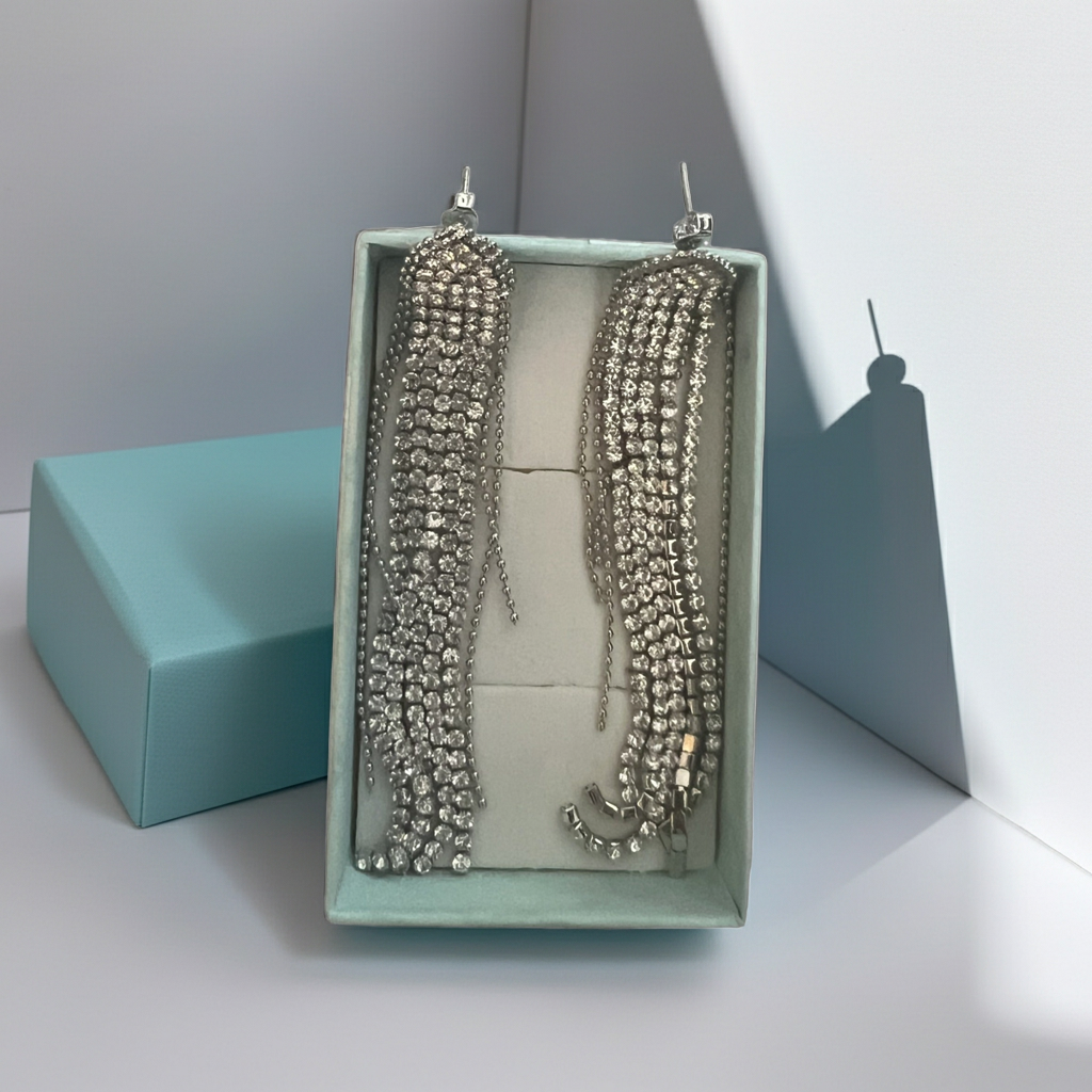 Long multi-strand rhinestone fringe statement earrings in silver-tone, alternate view