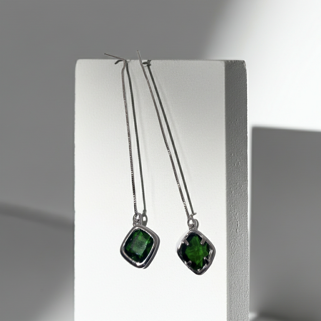 Silver-Tone Chain Threader Earrings, Green Stone Drops