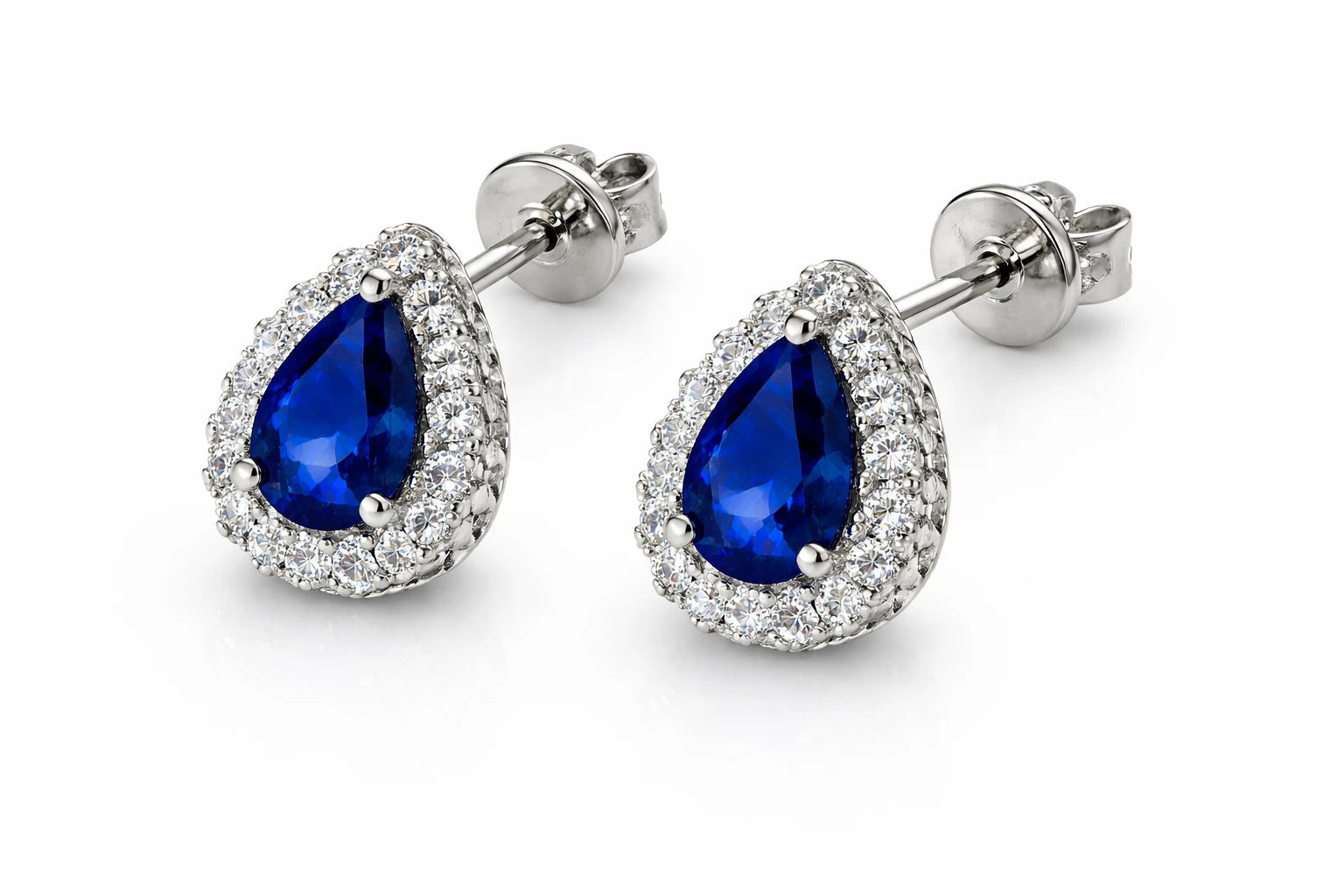 Silver-Tone Blue Teardrop Rhinestone Stud Earrings