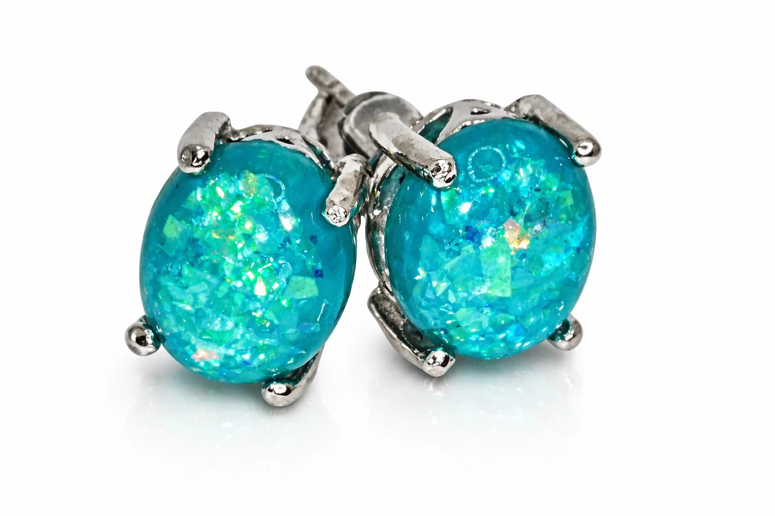 Silver-Tone Blue Iridescent Stone Stud Earrings