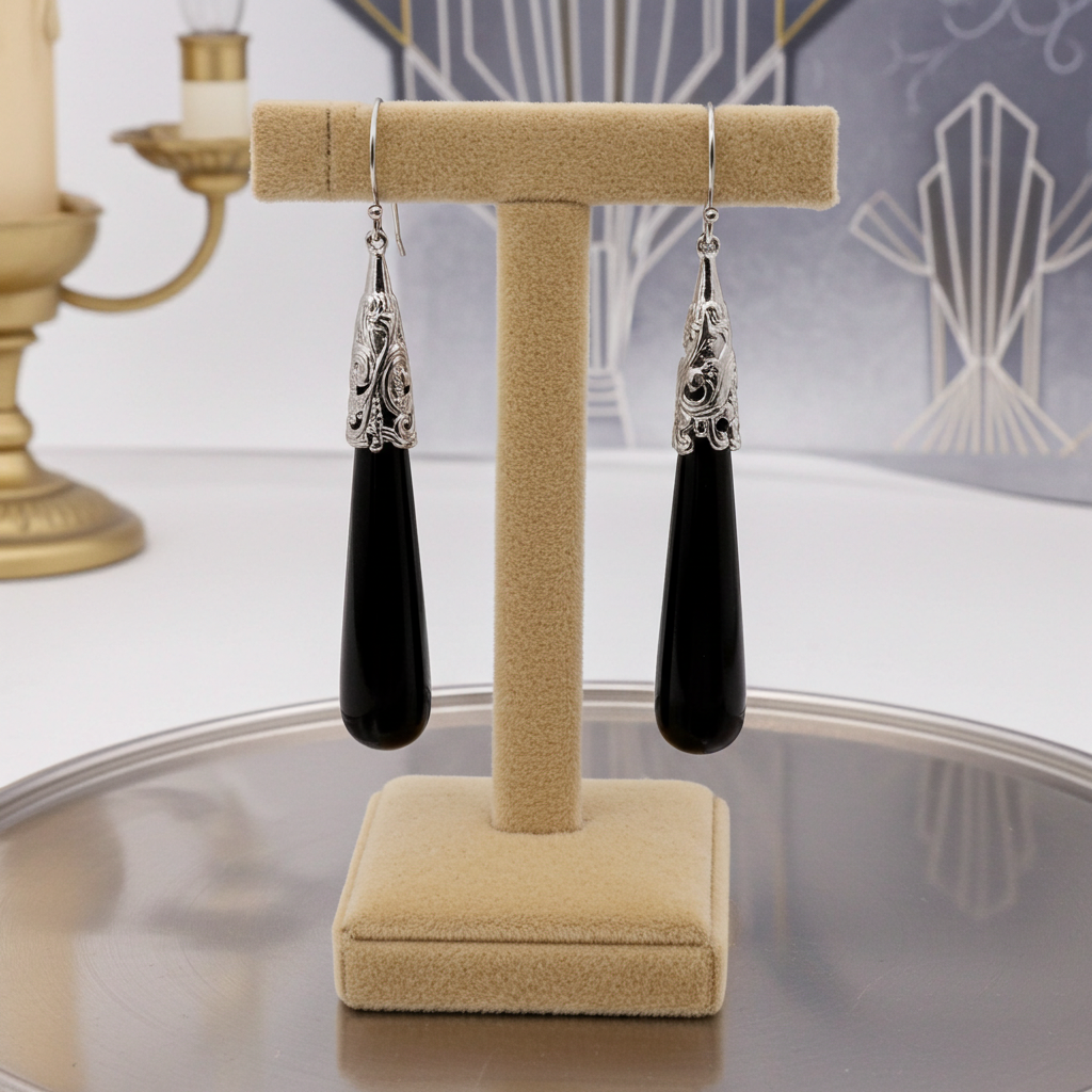 Silver-Tone Long Black Teardrop Earrings, Hook Backs