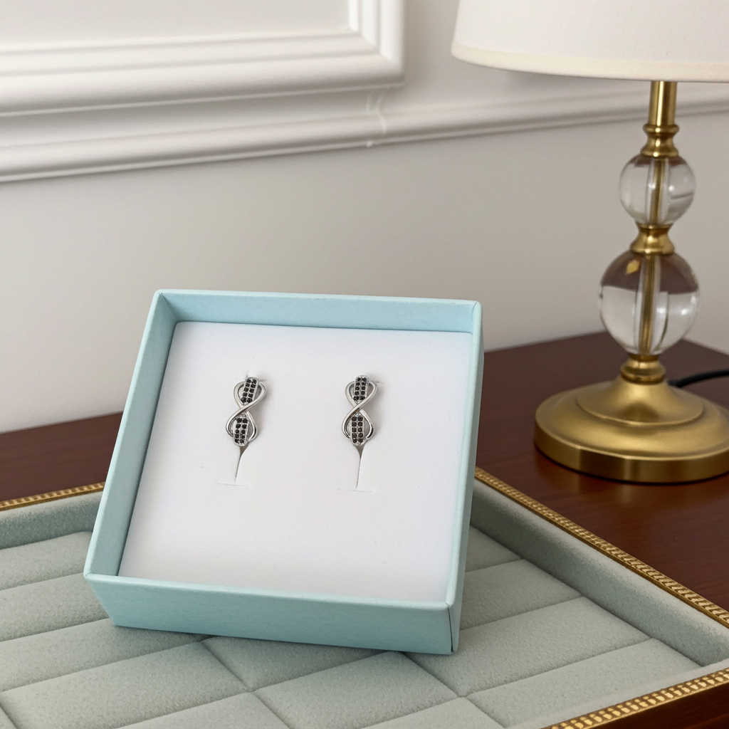 Black and clear rhinestone infinity twist stud earrings in silver-tone