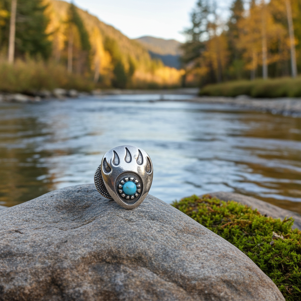 Silver-Tone Bear Paw Stud Earrings, Blue Stone Centre