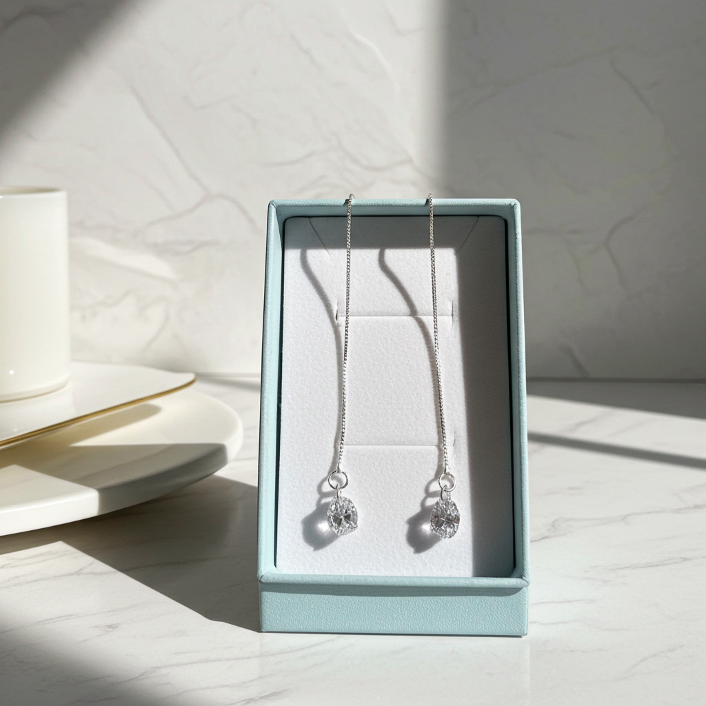 Clear rhinestone chain threader earrings on fine silver-tone box chain, alternate view
